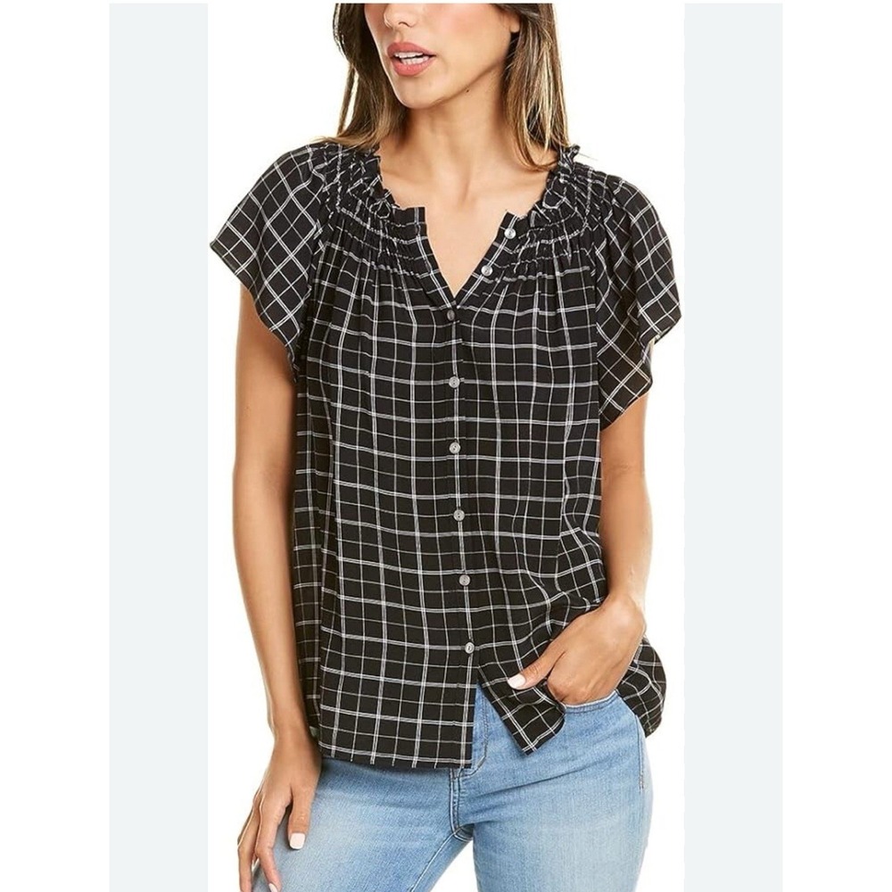 Rebecca Taylor Plaid 100% Silk Black Blouse Shell Smocked Neck‎ Size 0 XS